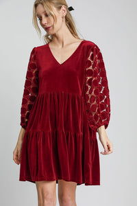 Umgee Dotted Lace Sleeve Tiered Velvet Mini Dress